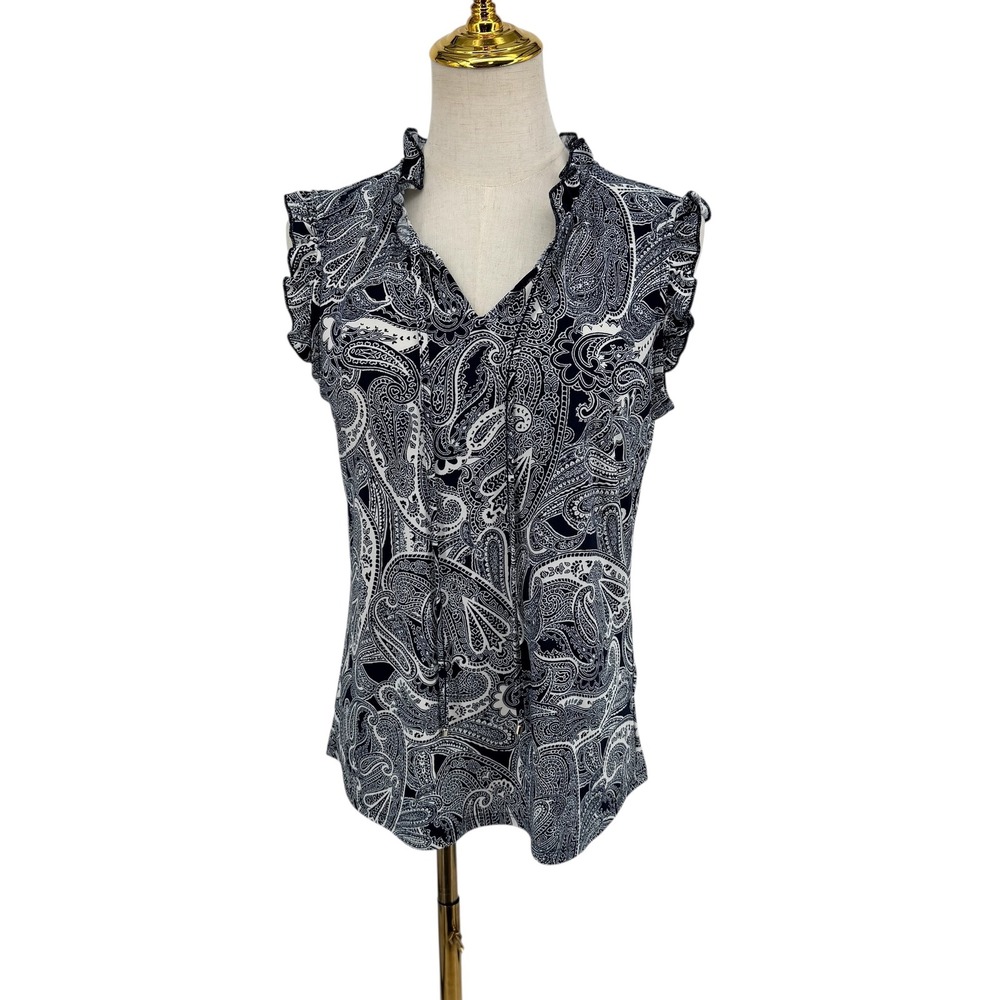 Tommy Hilfiger Y2K Blouse Resort Preppy S Nave White Paisley Ruffle V-Neck Silky